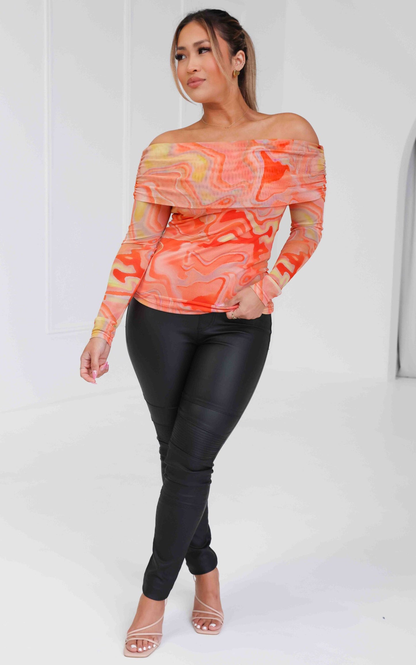 Ulla Mesh Top - Orange Abstract Print