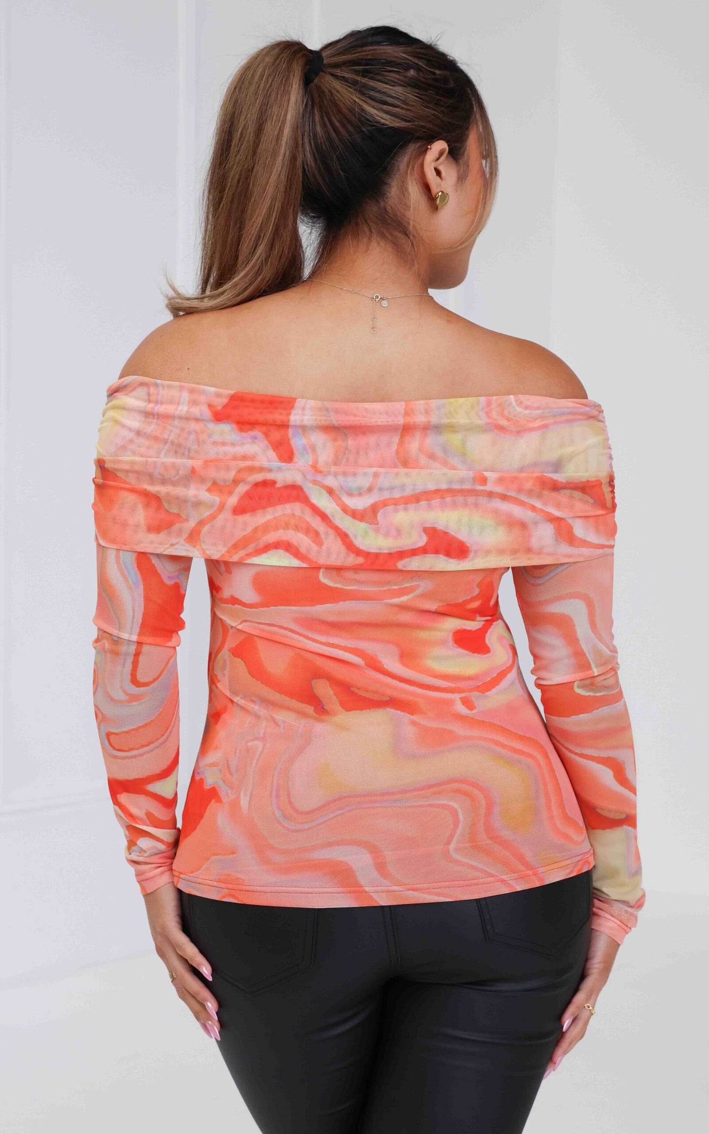 Ulla Mesh Top - Orange Abstract Print