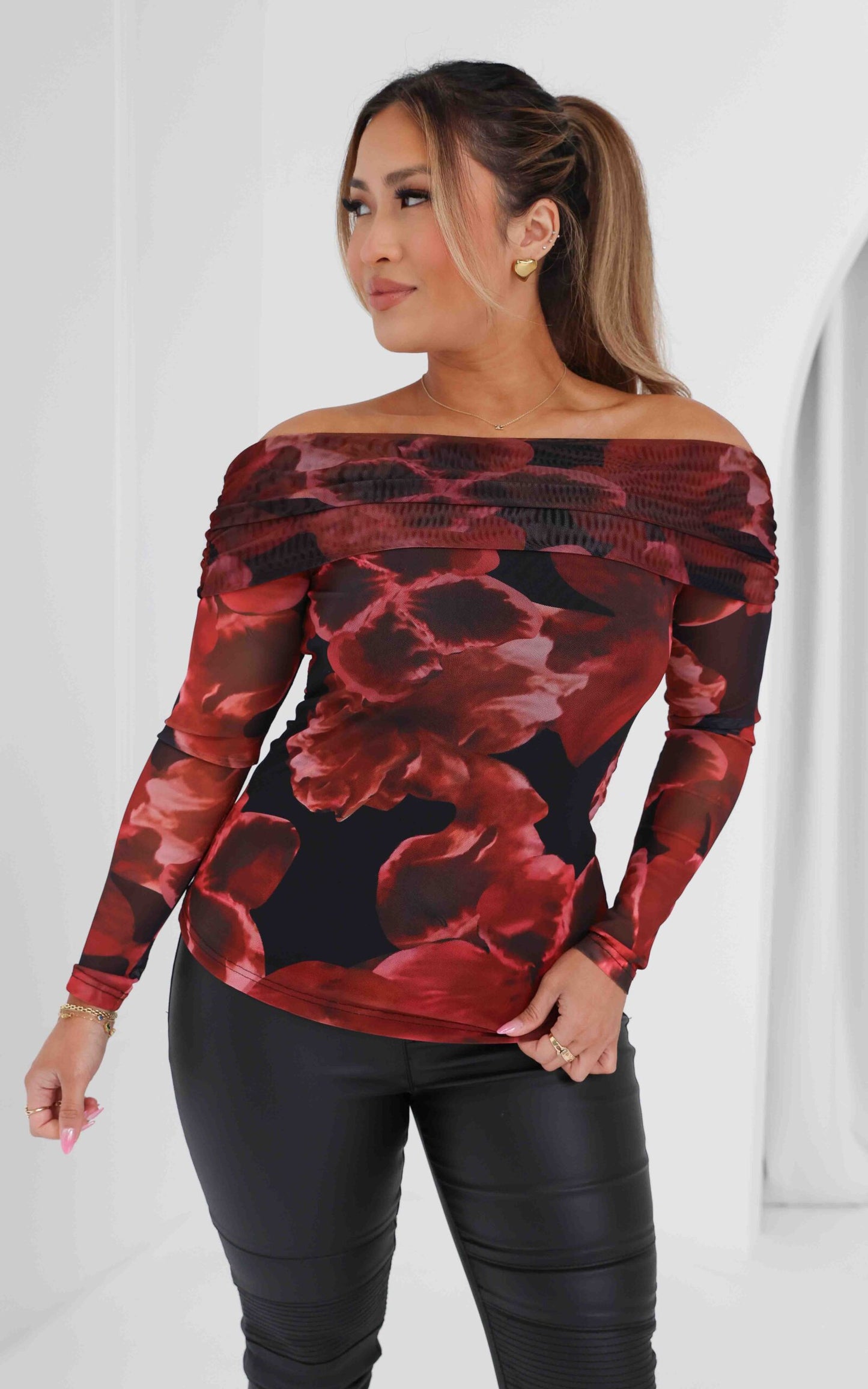 Ulla Mesh Top - Black Red Floral