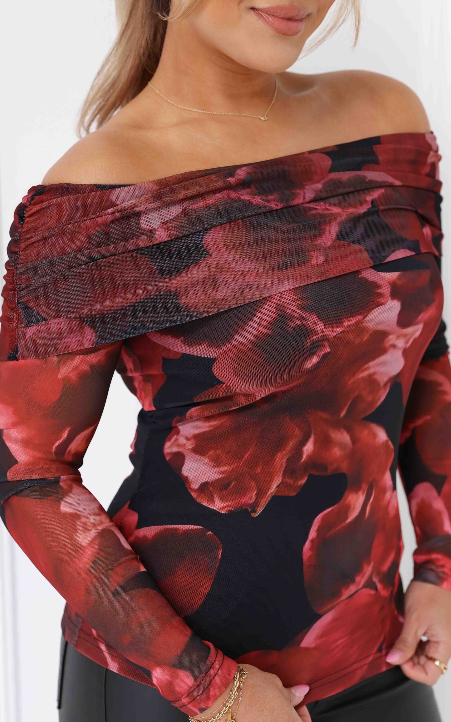 Ulla Mesh Top - Black Red Floral