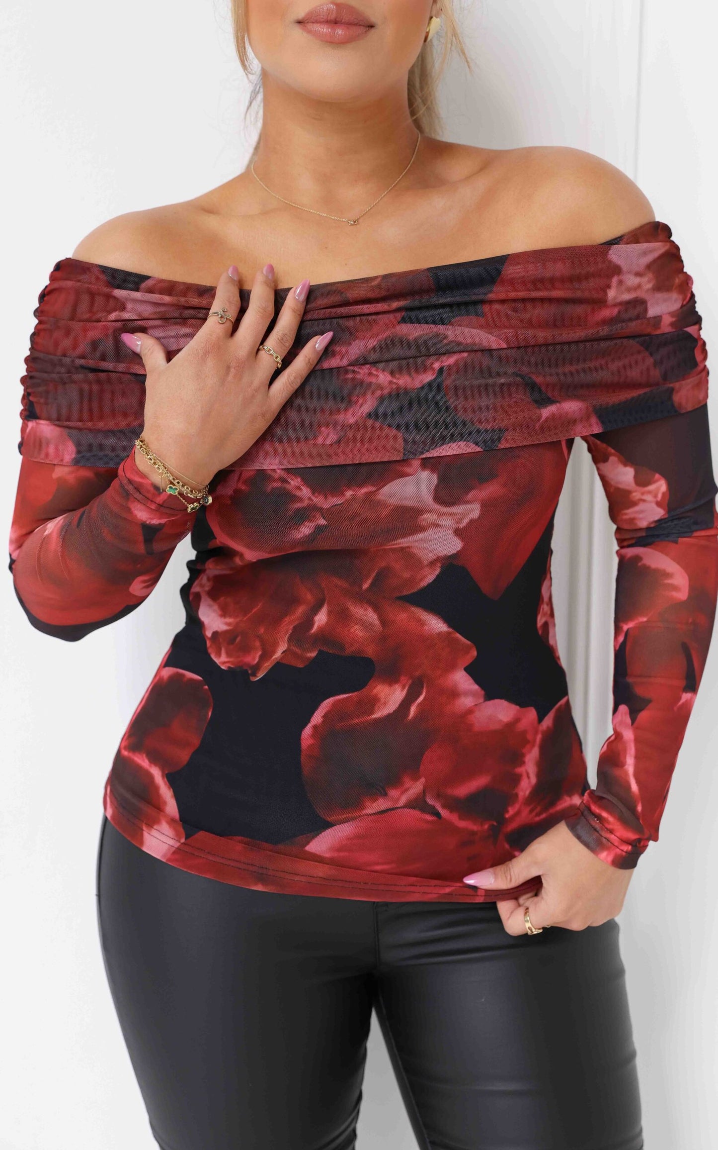 Ulla Mesh Top - Black Red Floral