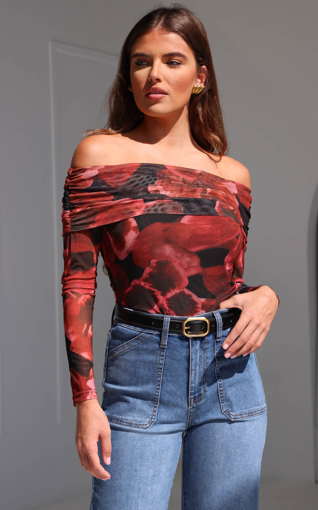 Ulla Mesh Top - Black Red Floral