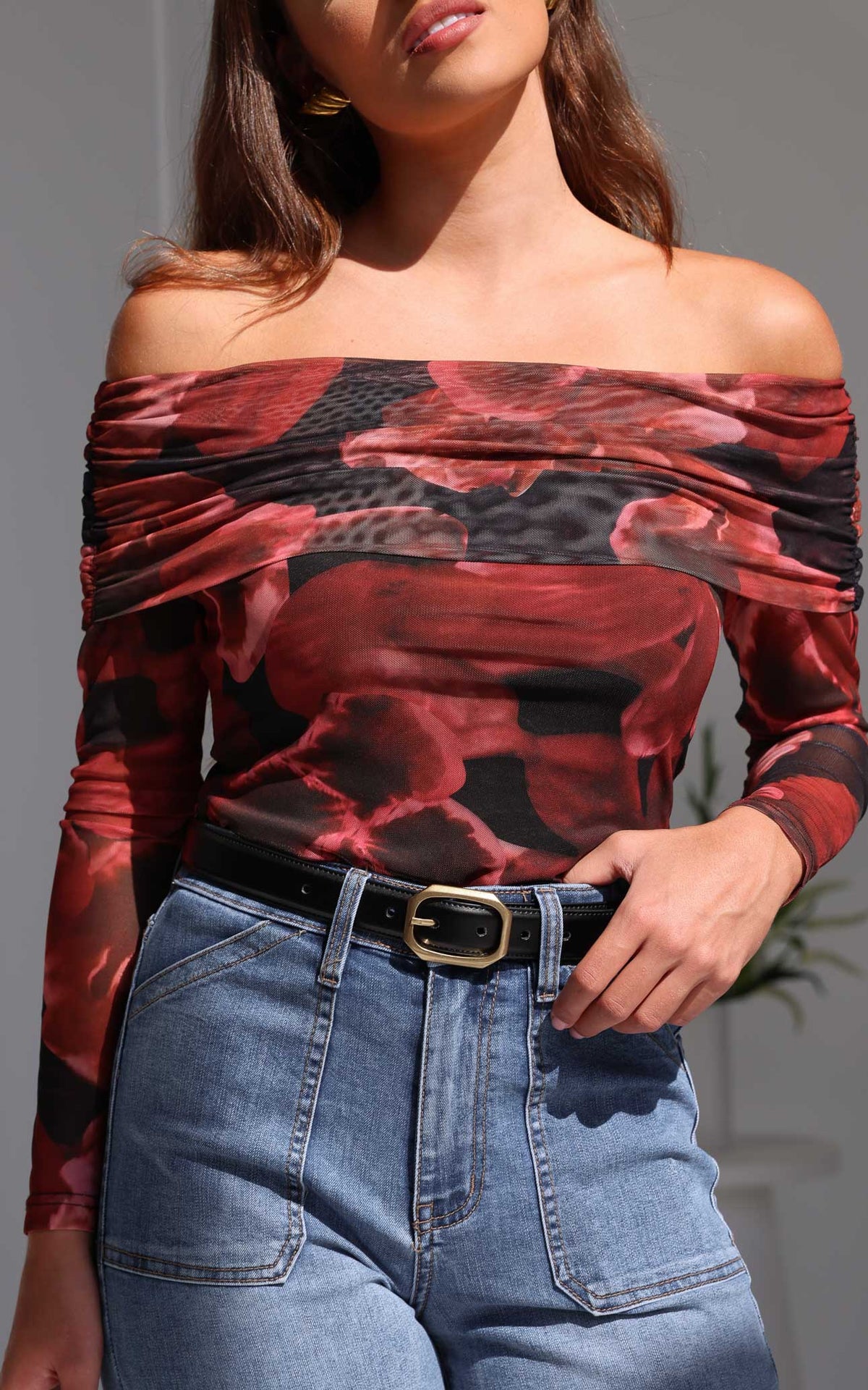 Ulla Mesh Top - Black Red Floral