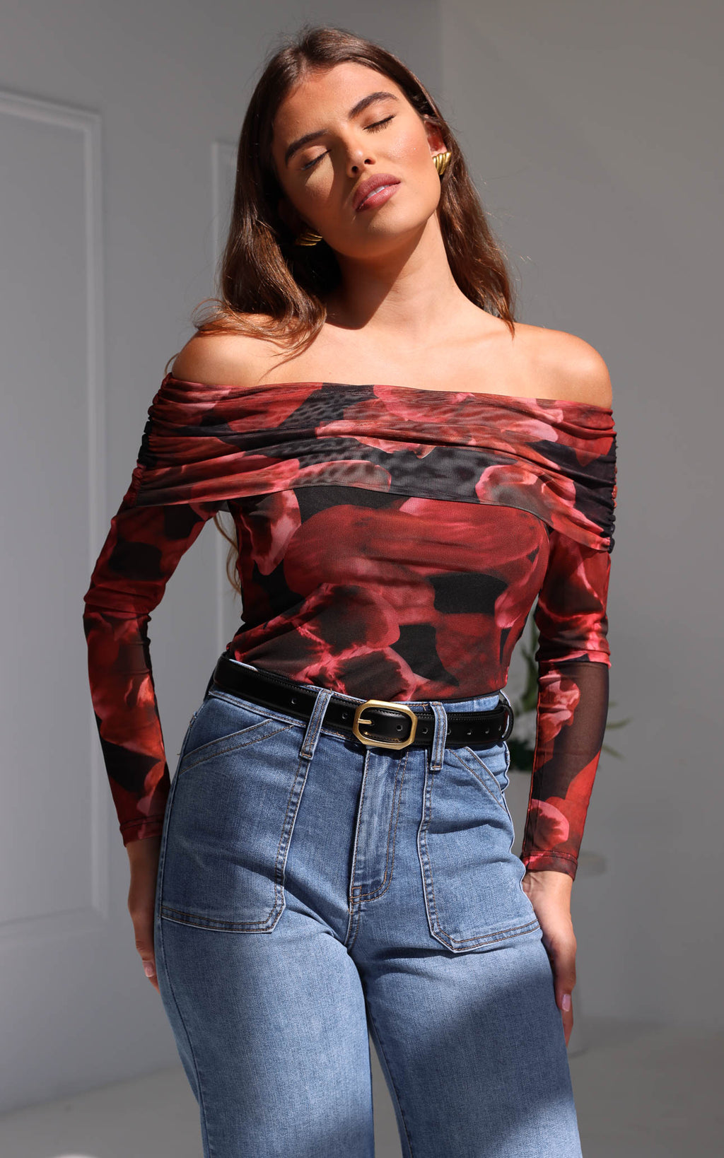 Ulla Mesh Top - Black Red Floral