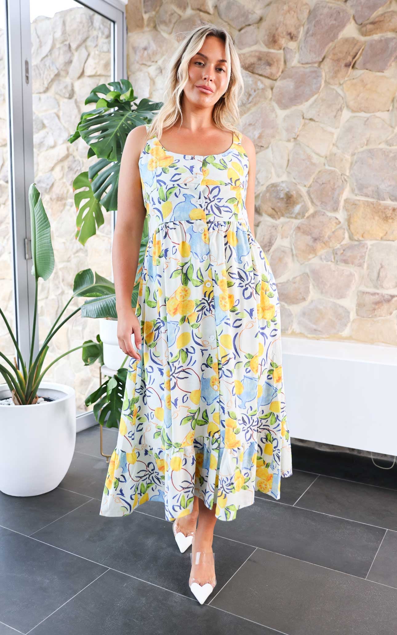 VANDERLA SCOOP NECK THICK STRAP BUTTON UP MAXI DRESS WHITE LEMON