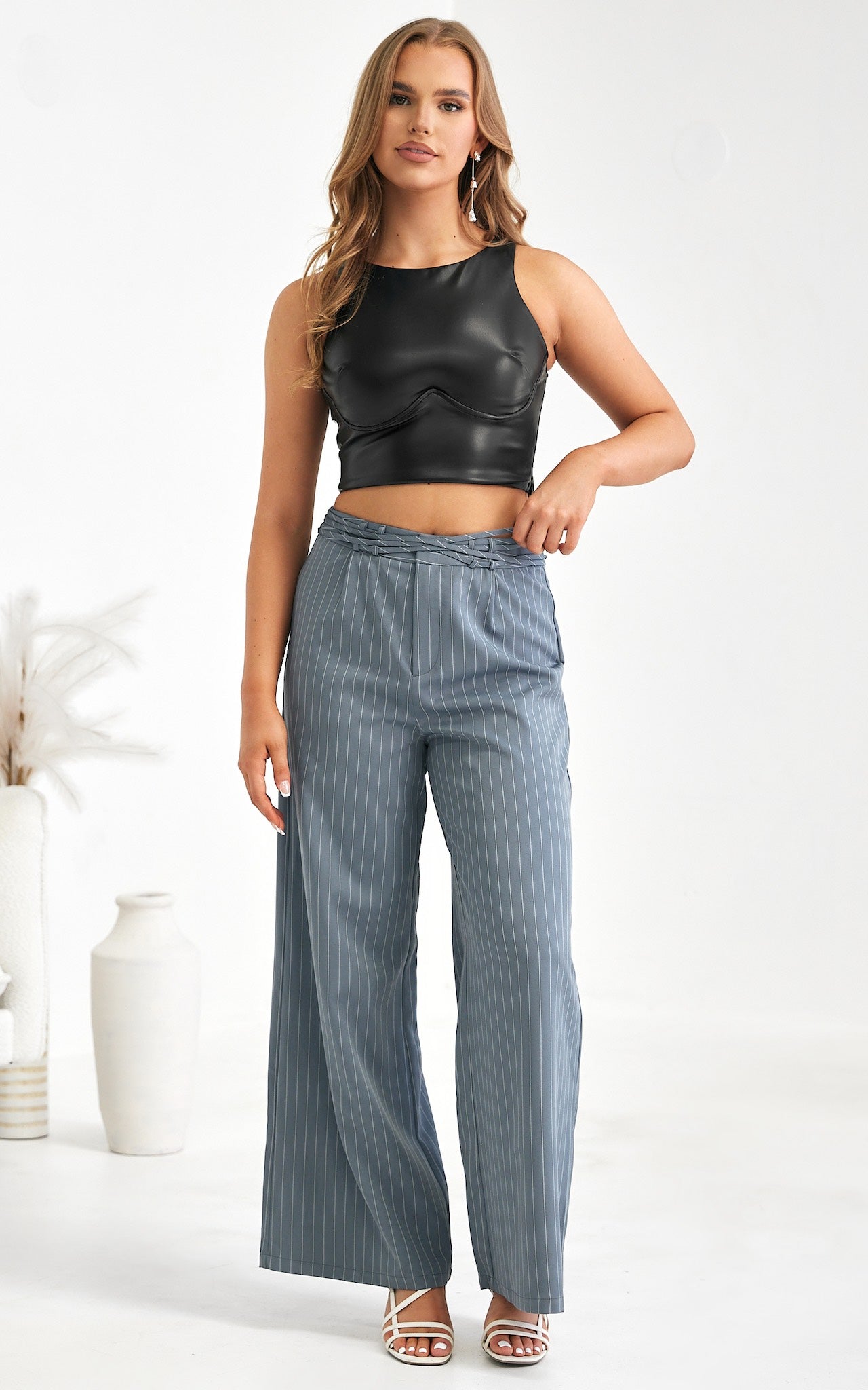 Colbert Wide Leg Pants - Grey Pinstripe