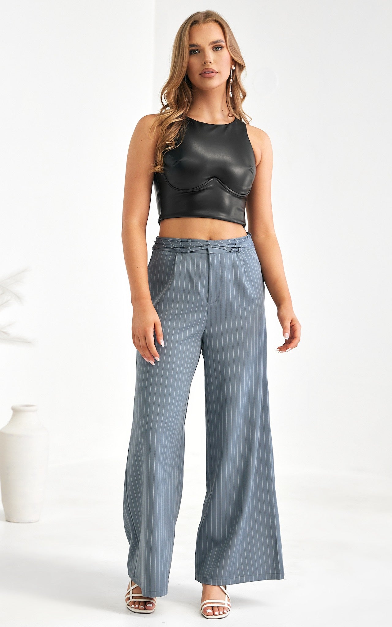 Colbert Wide Leg Pants - Grey Pinstripe