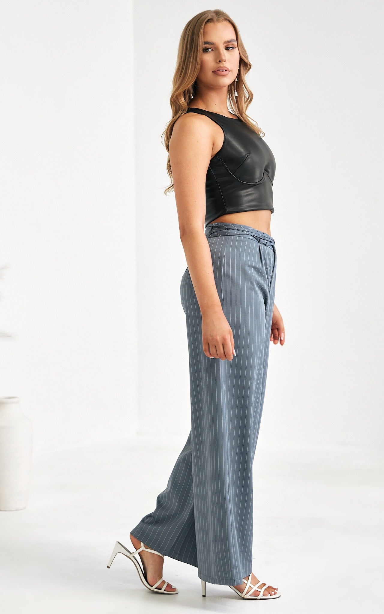 Colbert Wide Leg Pants - Grey Pinstripe