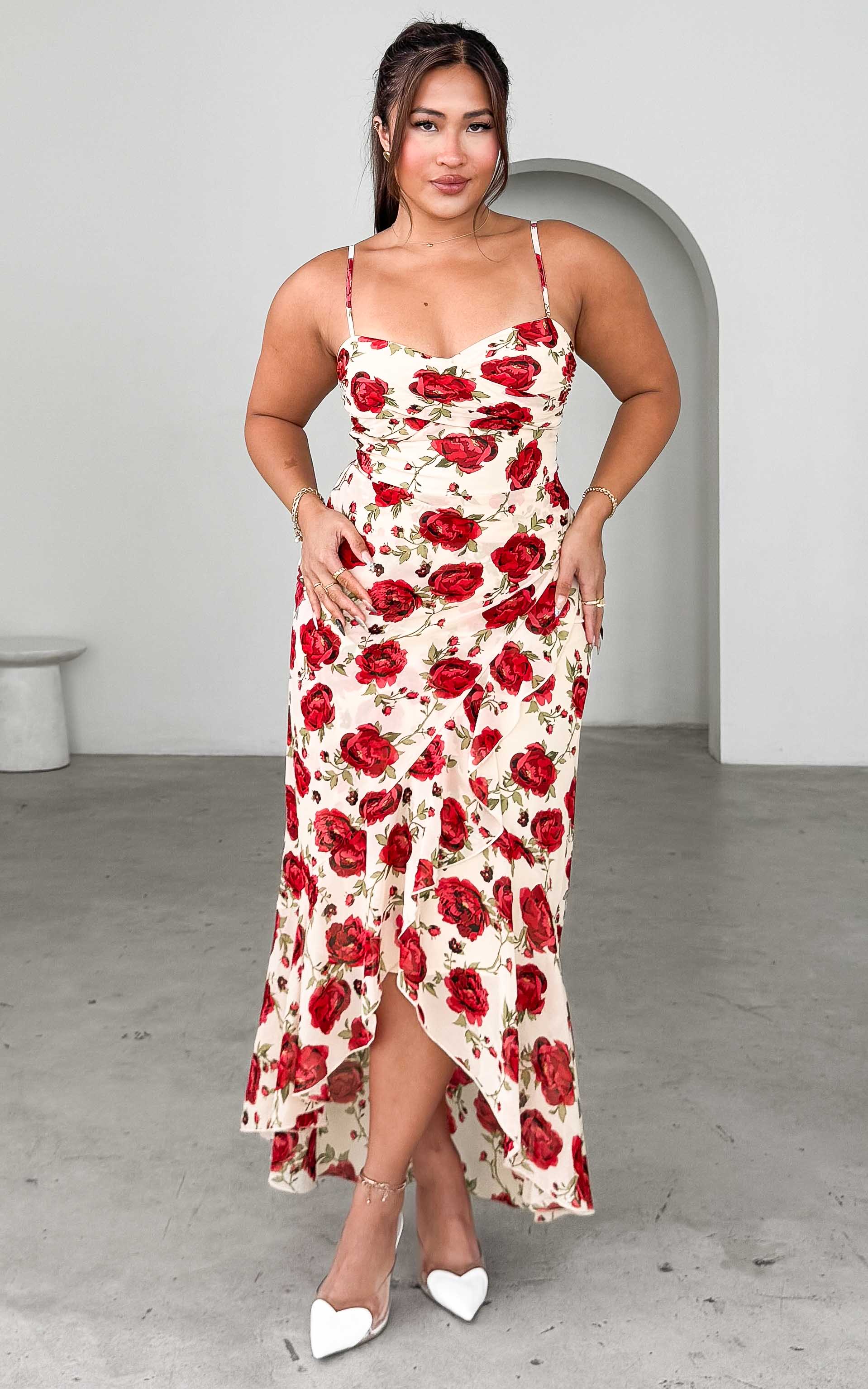 Venetia Maxi Dress - Beige Red Floral