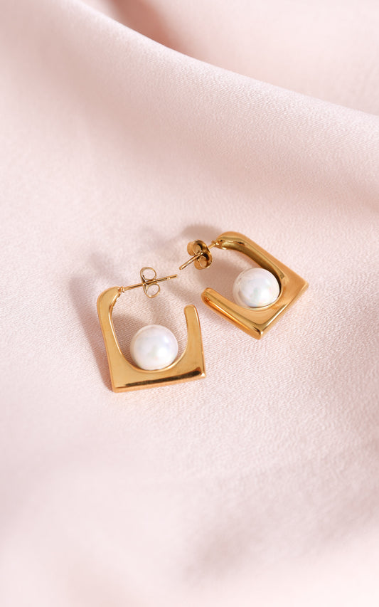 Venezio Hoop Earrings - Gold Square Pearl