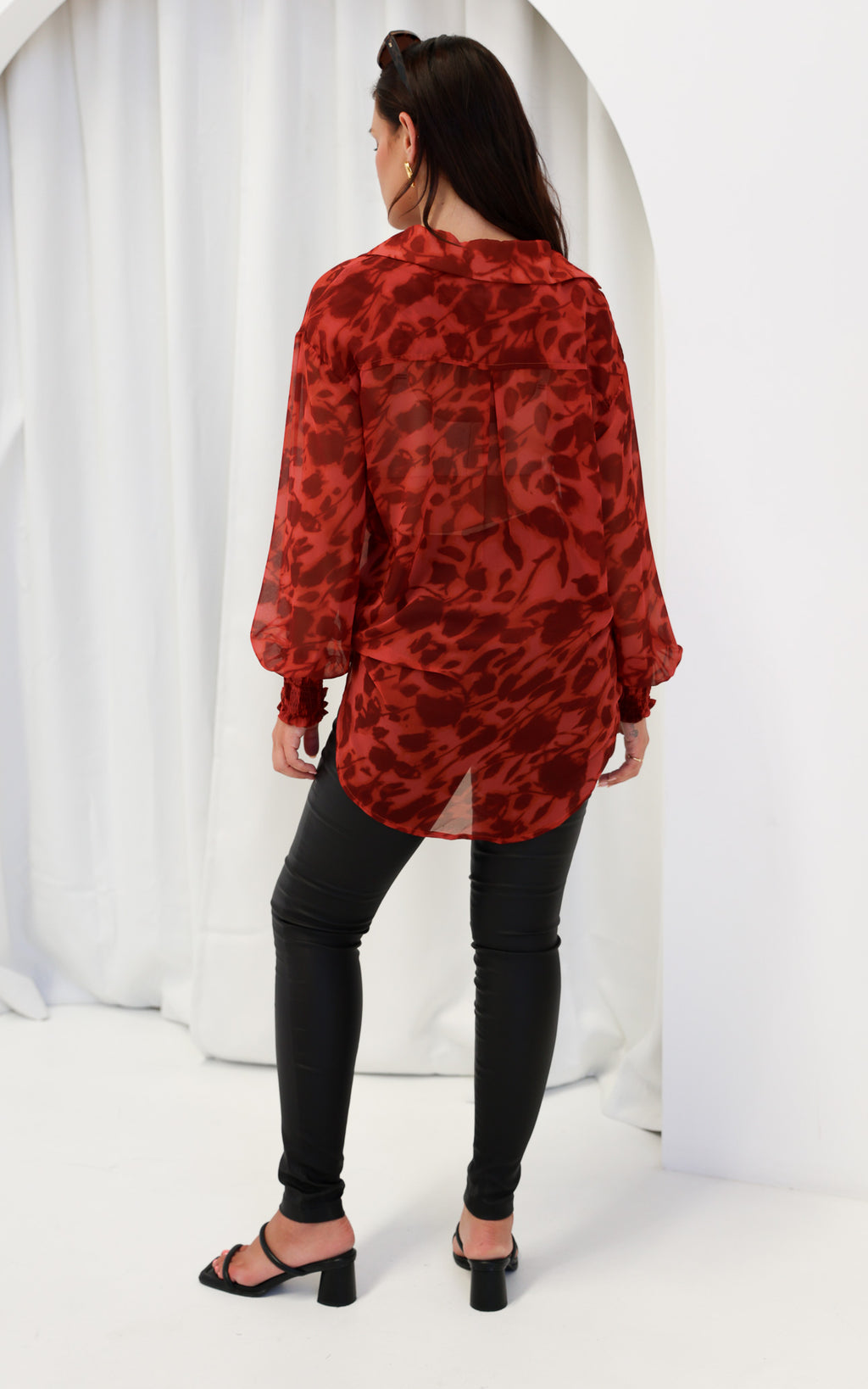 Veronica Shirt Blouse - Burnt Red Orange Floral