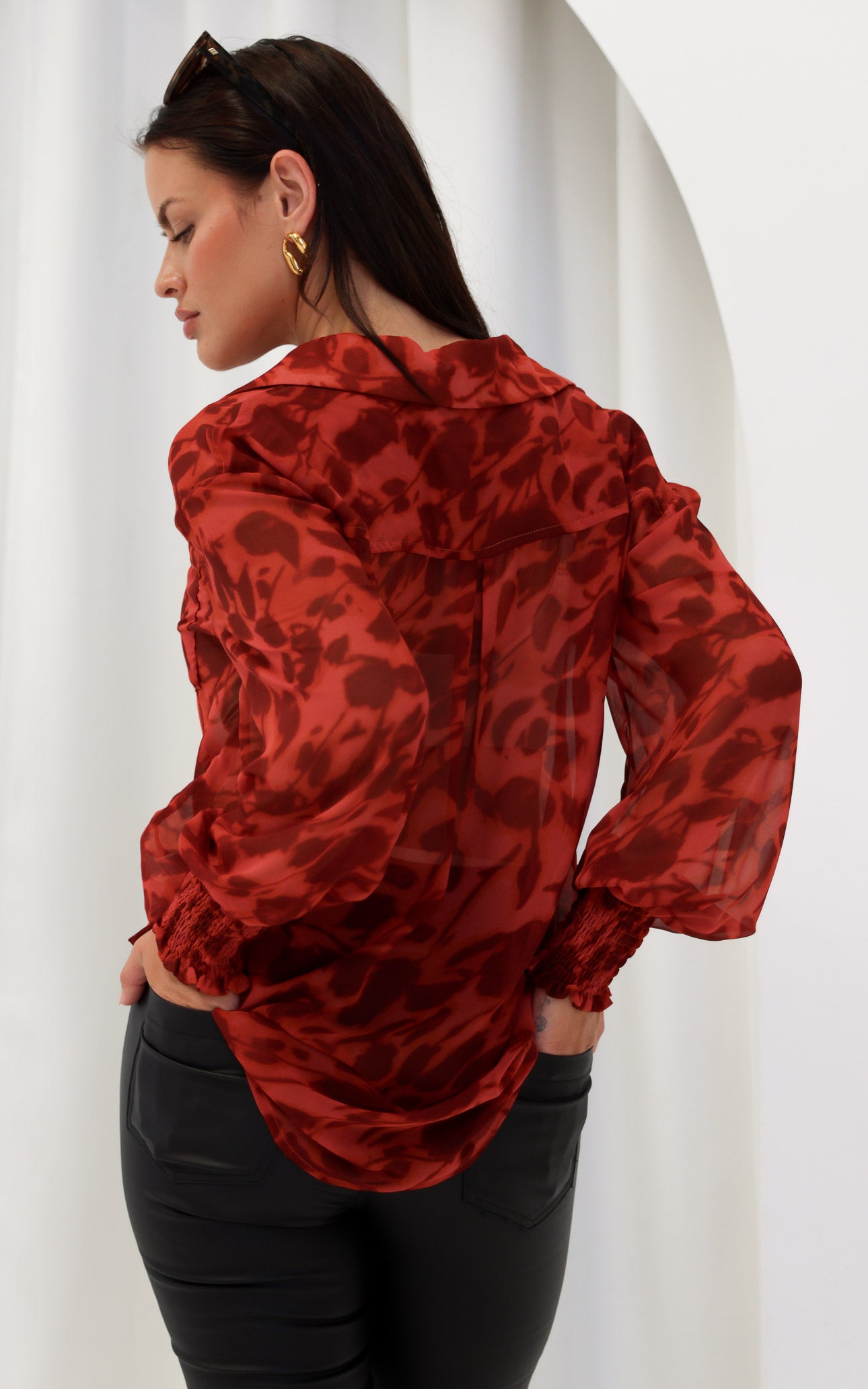 Veronica Shirt Blouse - Burnt Red Orange Floral