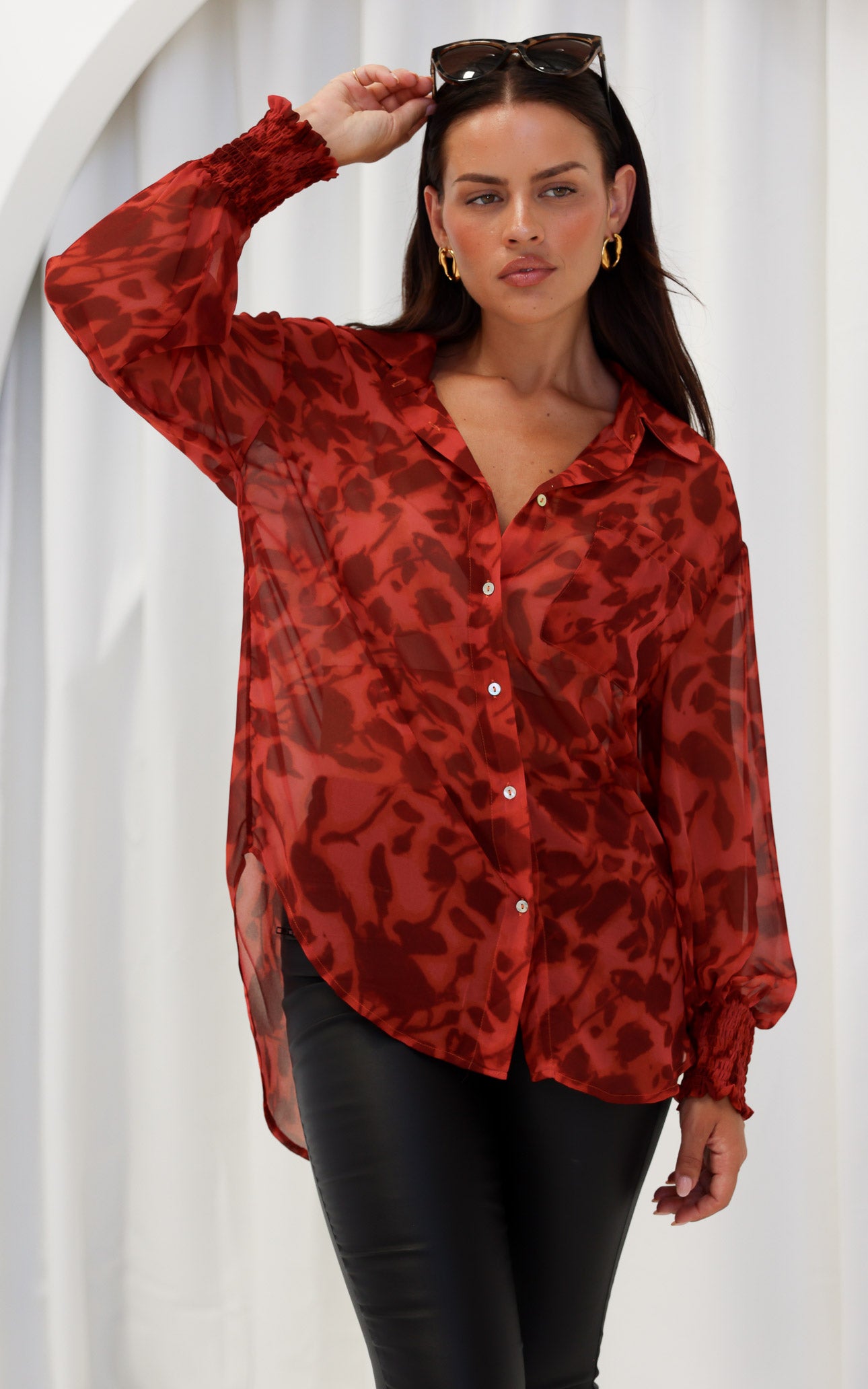 Veronica Shirt Blouse - Burnt Red Orange Floral