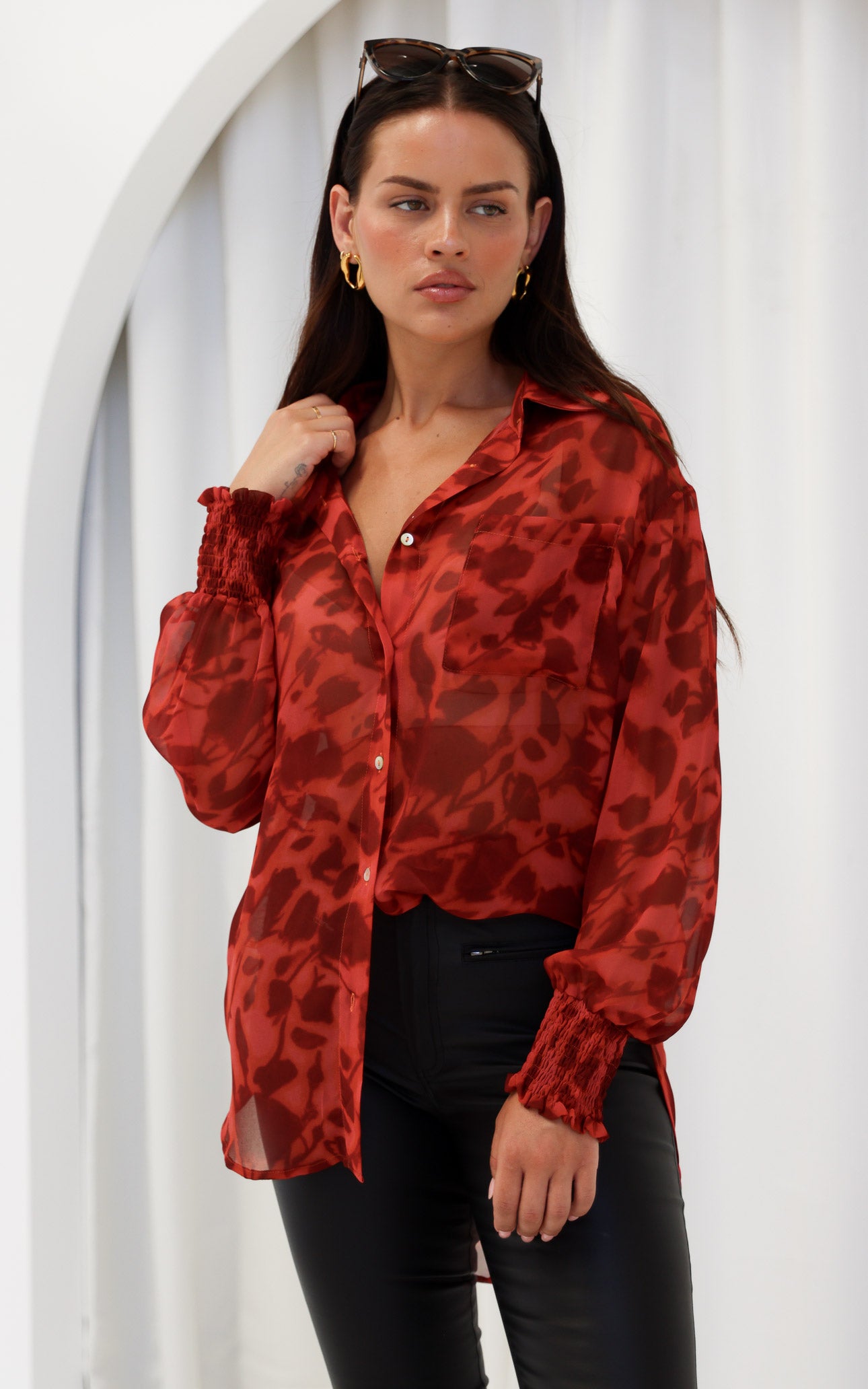 Veronica Shirt Blouse - Burnt Red Orange Floral