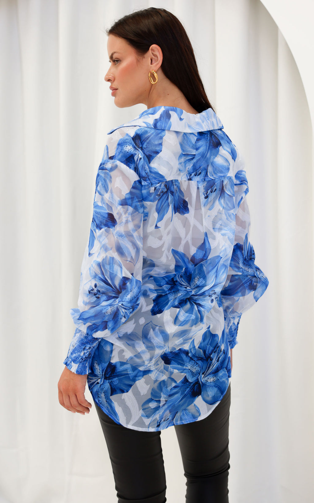 Veronica Shirt Blouse - White Blue Floral Texture
