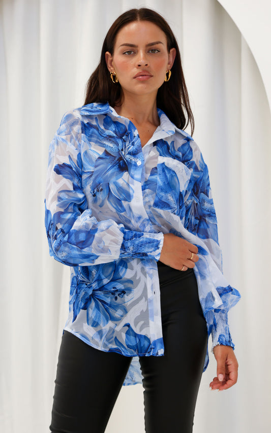 Veronica Shirt Blouse - White Blue Floral Texture