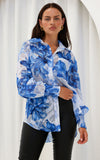 Veronica Shirt Blouse - White Blue Floral Texture