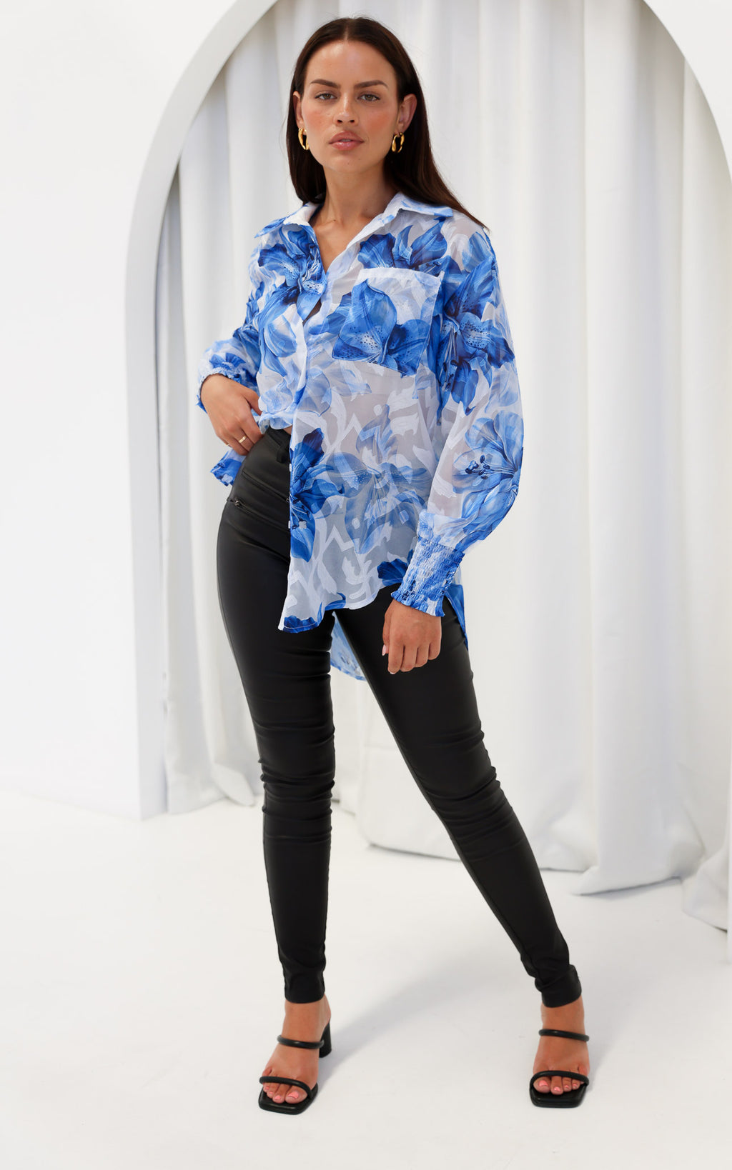 Veronica Shirt Blouse - White Blue Floral Texture