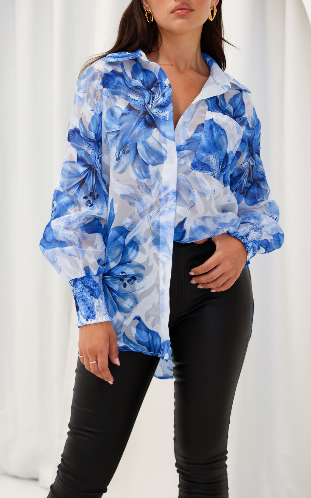 Veronica Shirt Blouse - White Blue Floral Texture