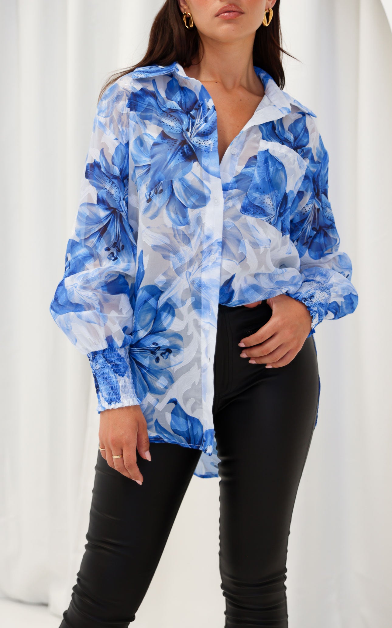 Veronica Shirt Blouse - White Blue Floral Texture