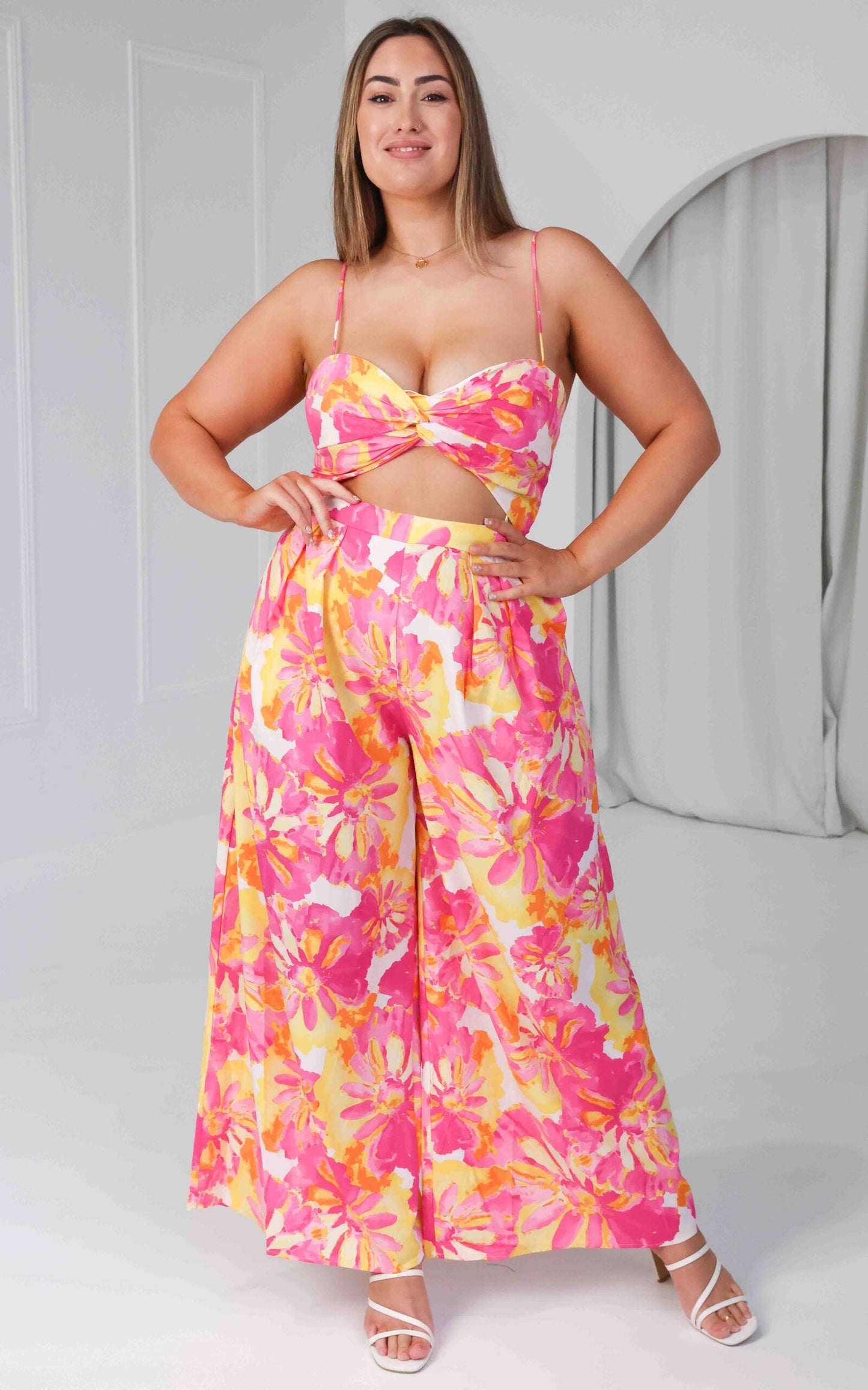 Waiting For You Wide Leg Jumpsuit - Pink Yellow Floral