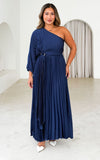Xanbi One Shoulder Pleated Maxi Dress - Navy