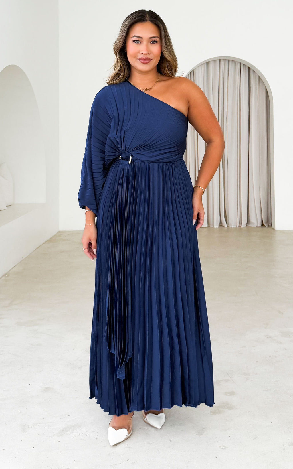 Xanbi One Shoulder Pleated Maxi Dress - Navy