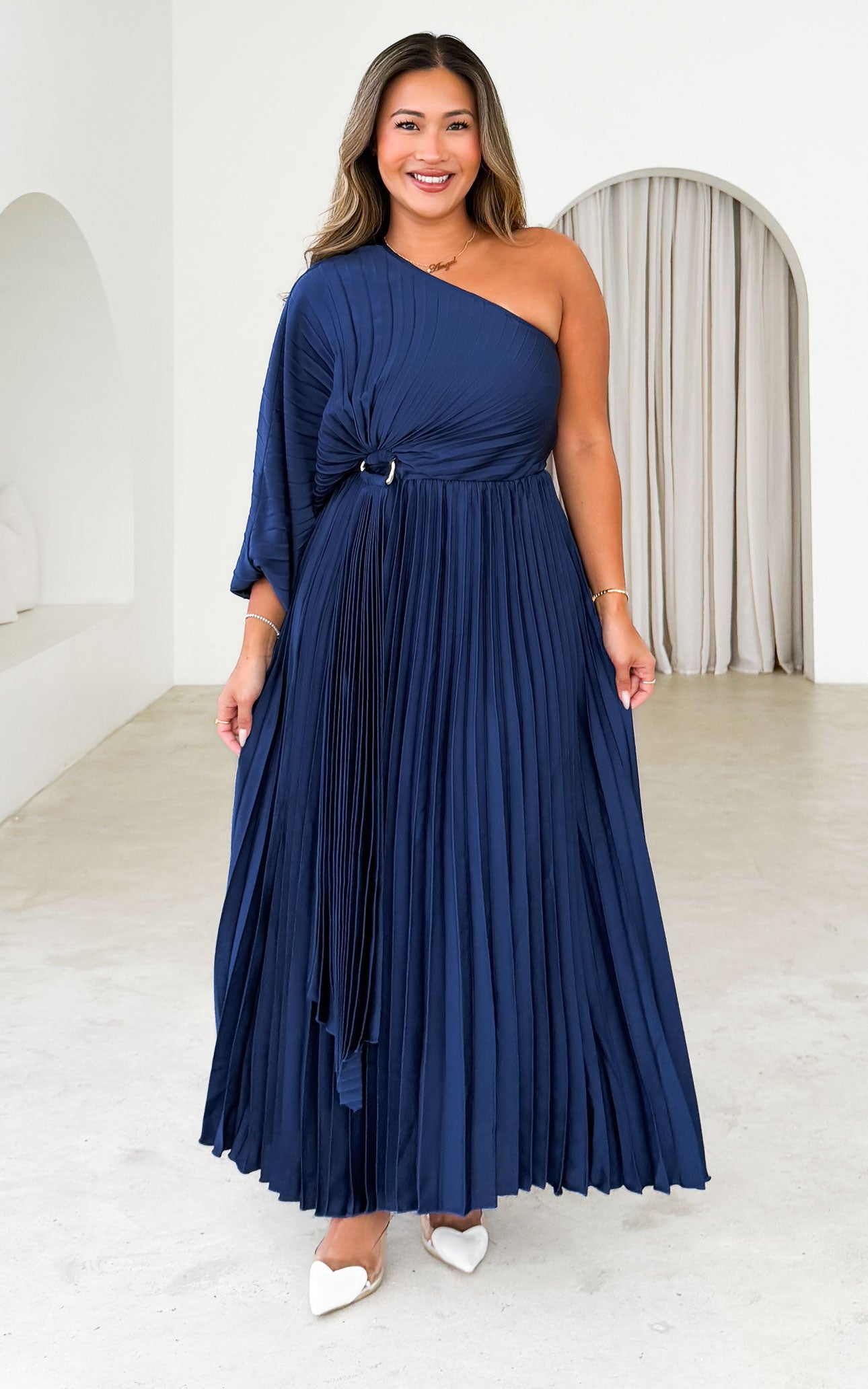 Xanbi One Shoulder Pleated Maxi Dress - Navy