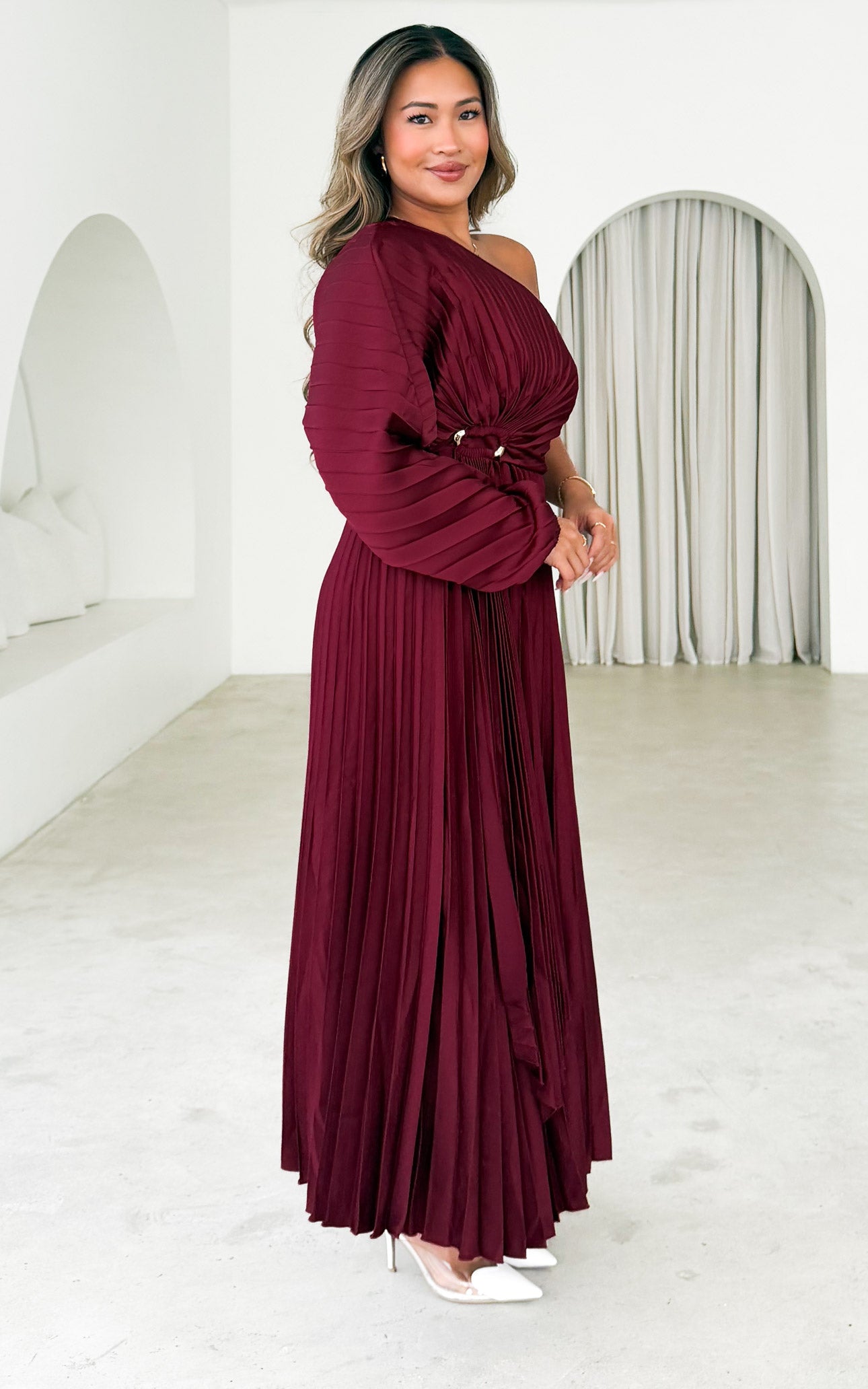 Xanbi One Shoulder Pleated Maxi Dress - Wine