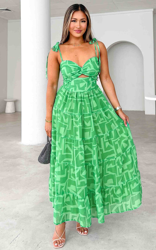 Yanis Maxi Dress - Green Abstract Geometric Print