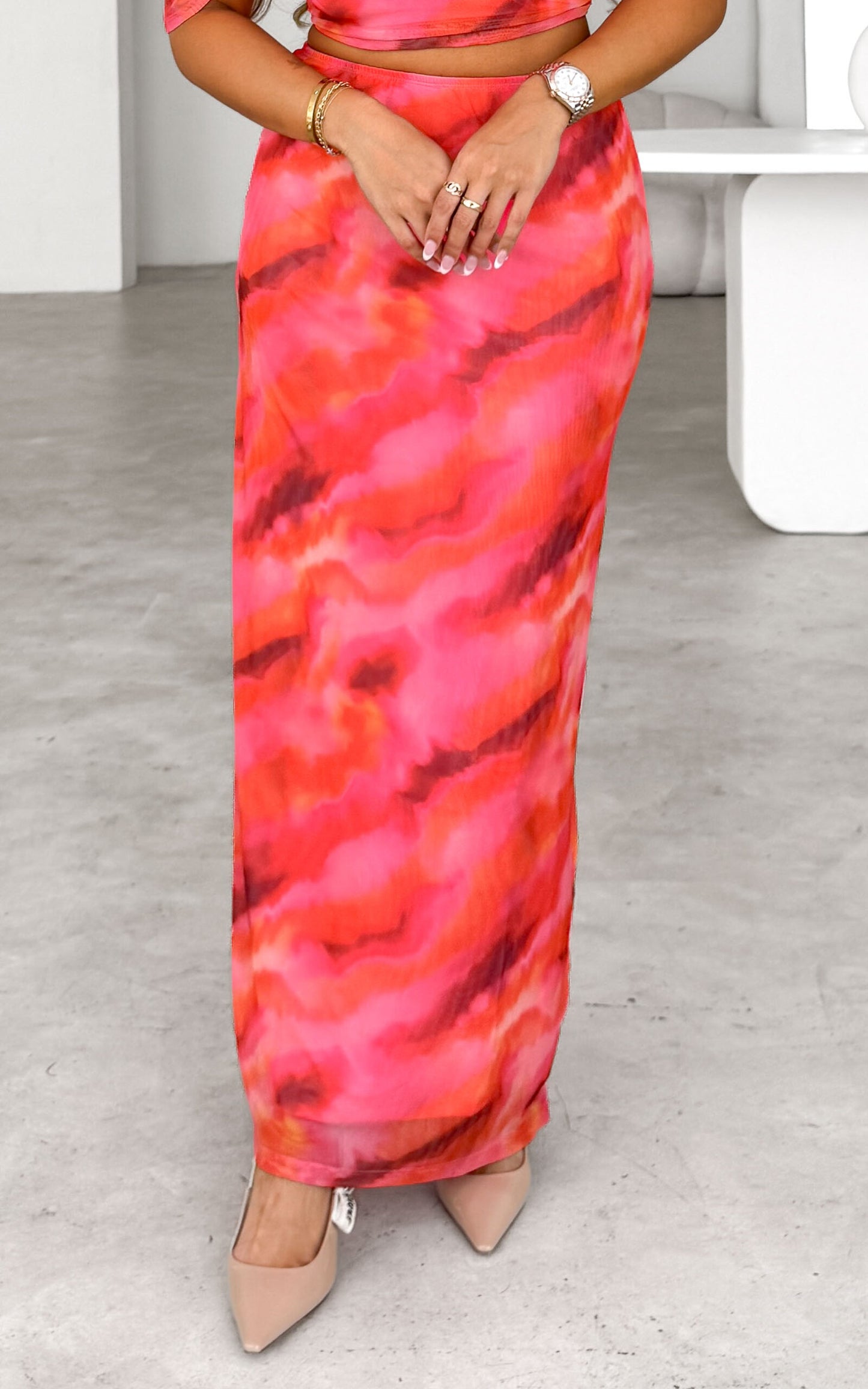 Yoko Mesh Maxi Skirt - Pink Orange Print