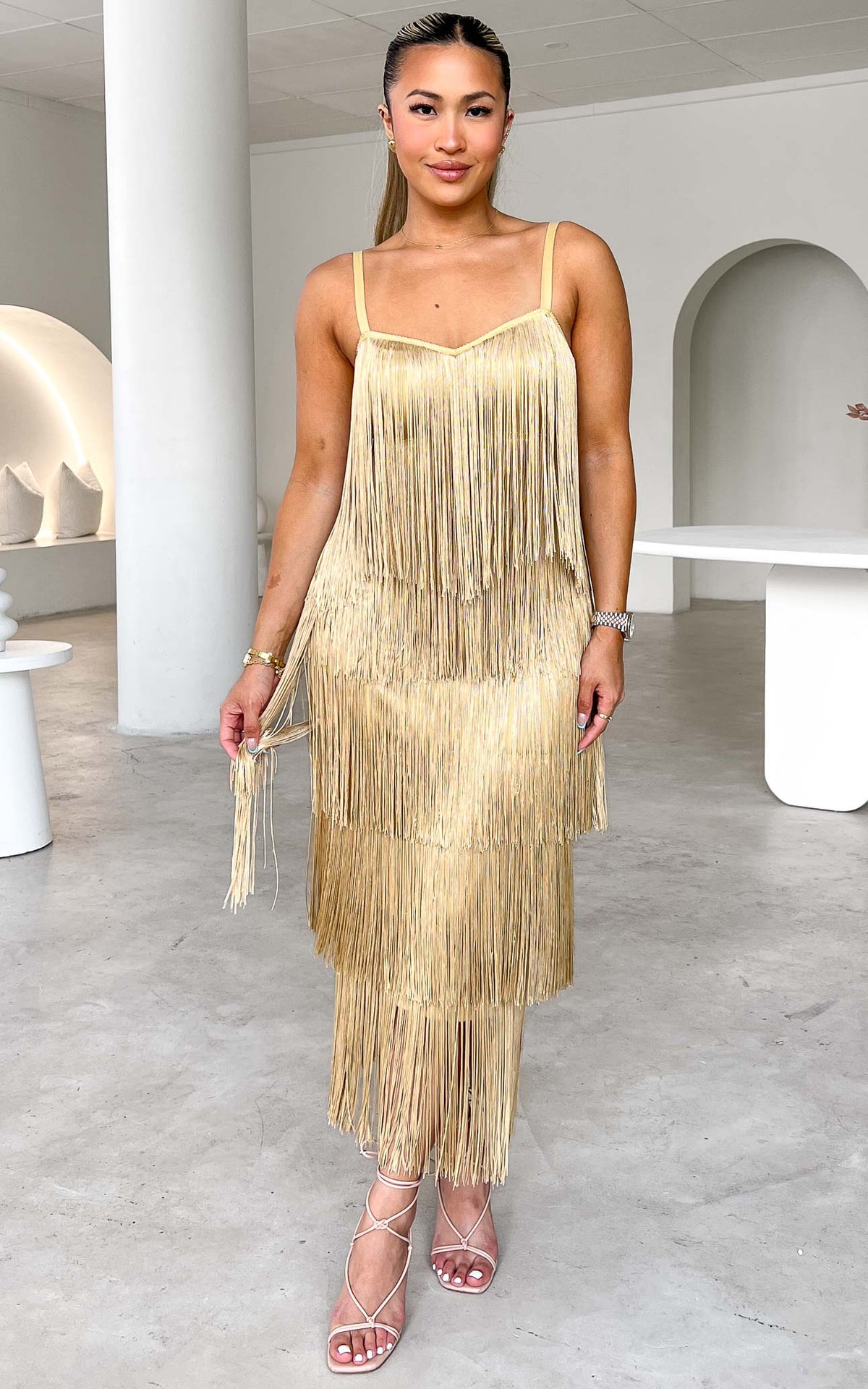 gold dress fringe YOU FOUND ME V NECK TIERED TASSEL MAXI dressing table shelf Belina Dress-Mahogany Hundreds of gold hue Fit:Traditional