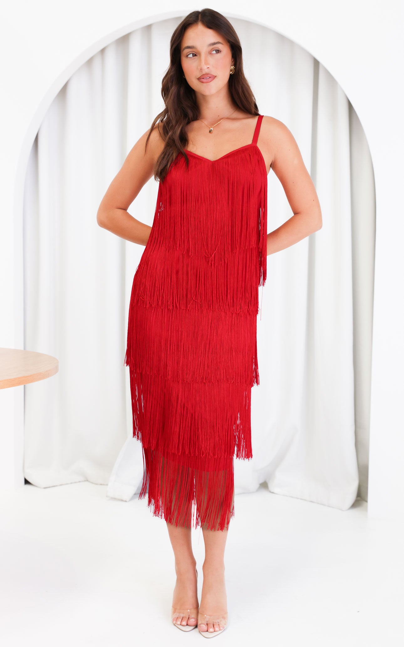 (Preorder) You Found Me Fringe Tassel Maxi Dress - Red