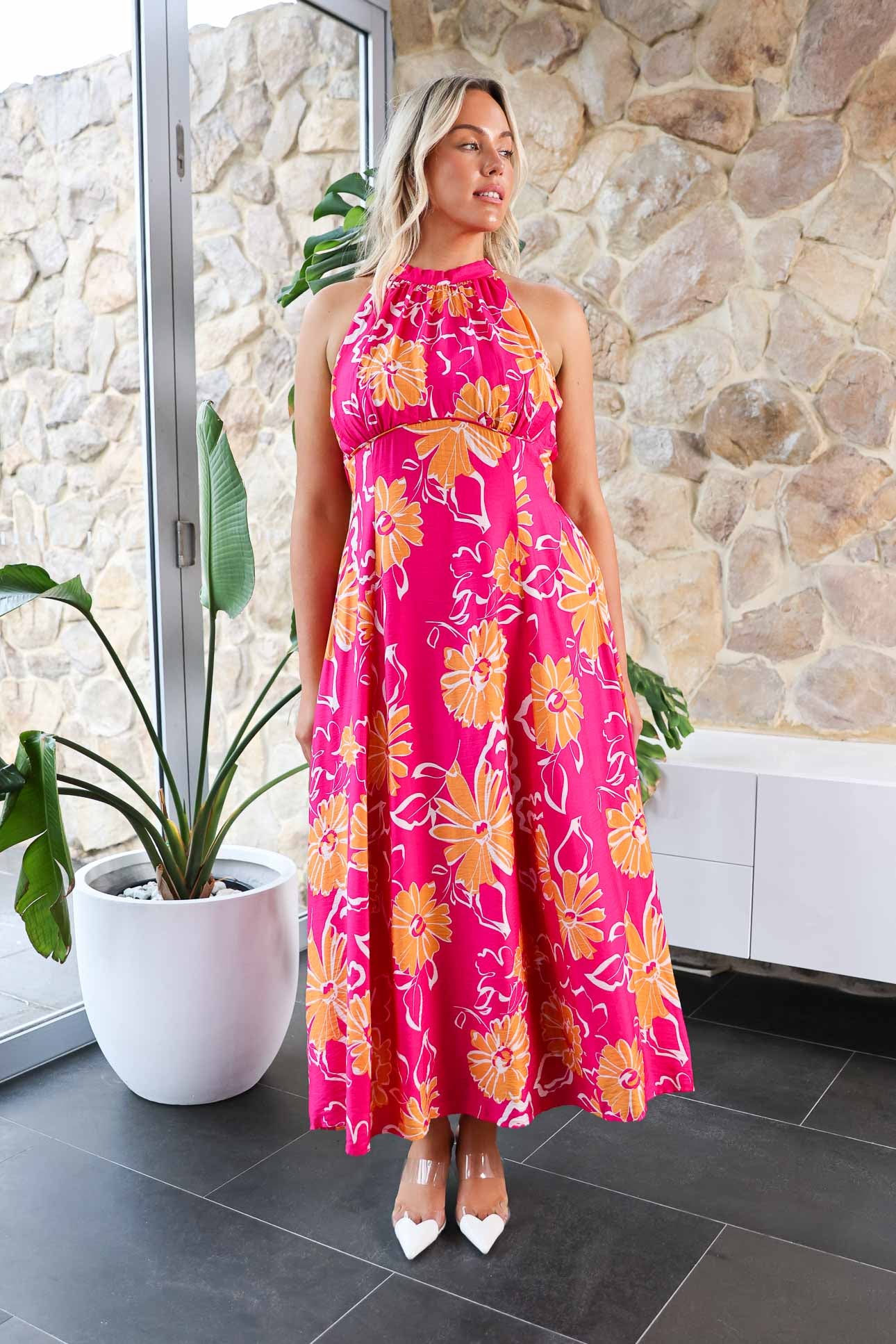 Zariko Maxi Dress - Hot Pink Orange Floral