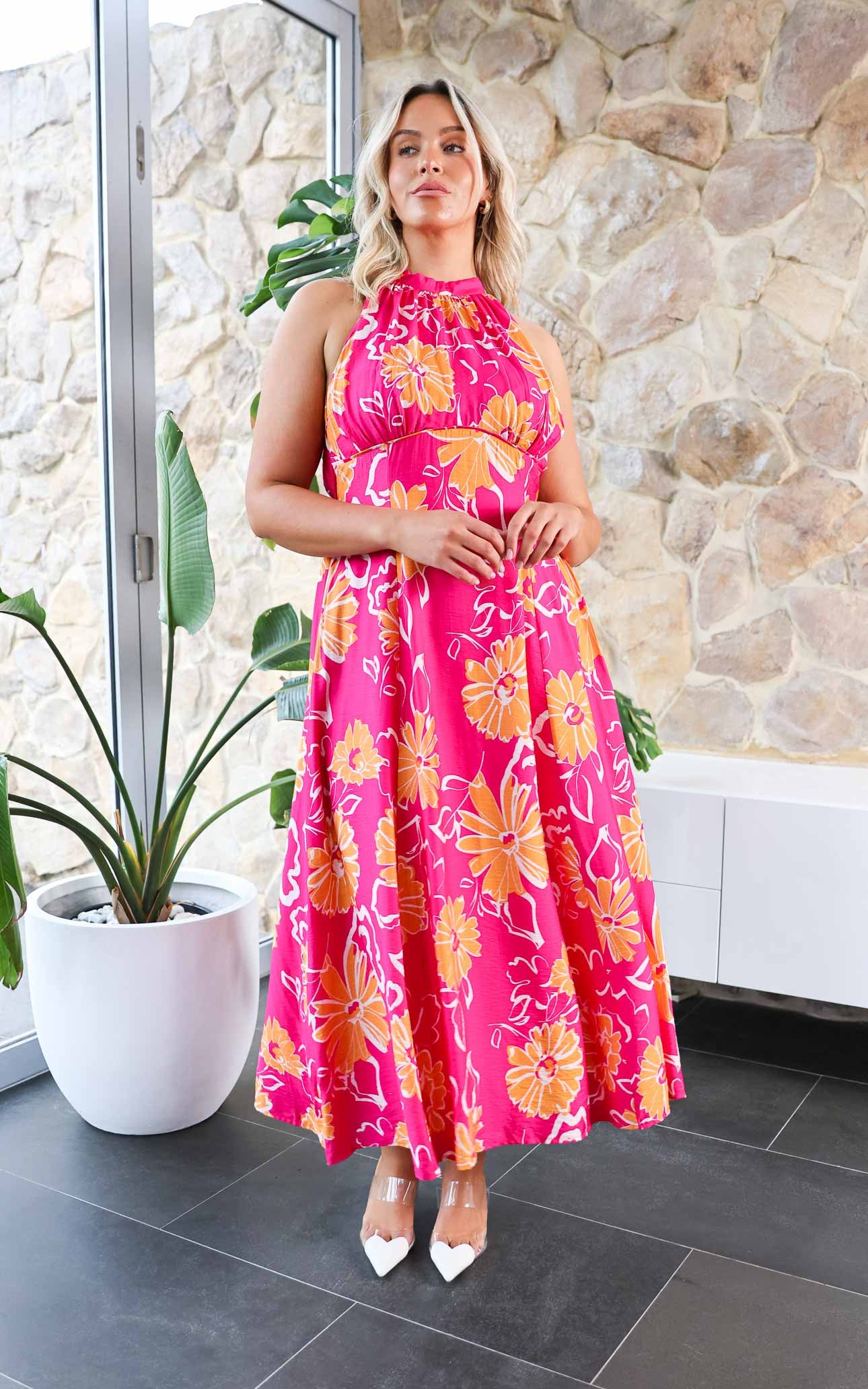 Zariko Maxi Dress - Hot Pink Orange Floral