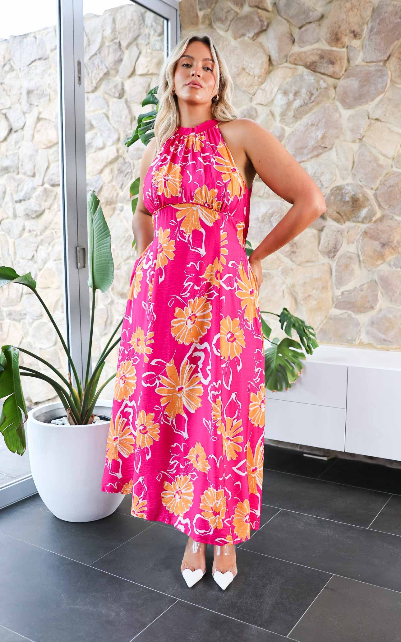 Zariko Maxi Dress - Hot Pink Orange Floral