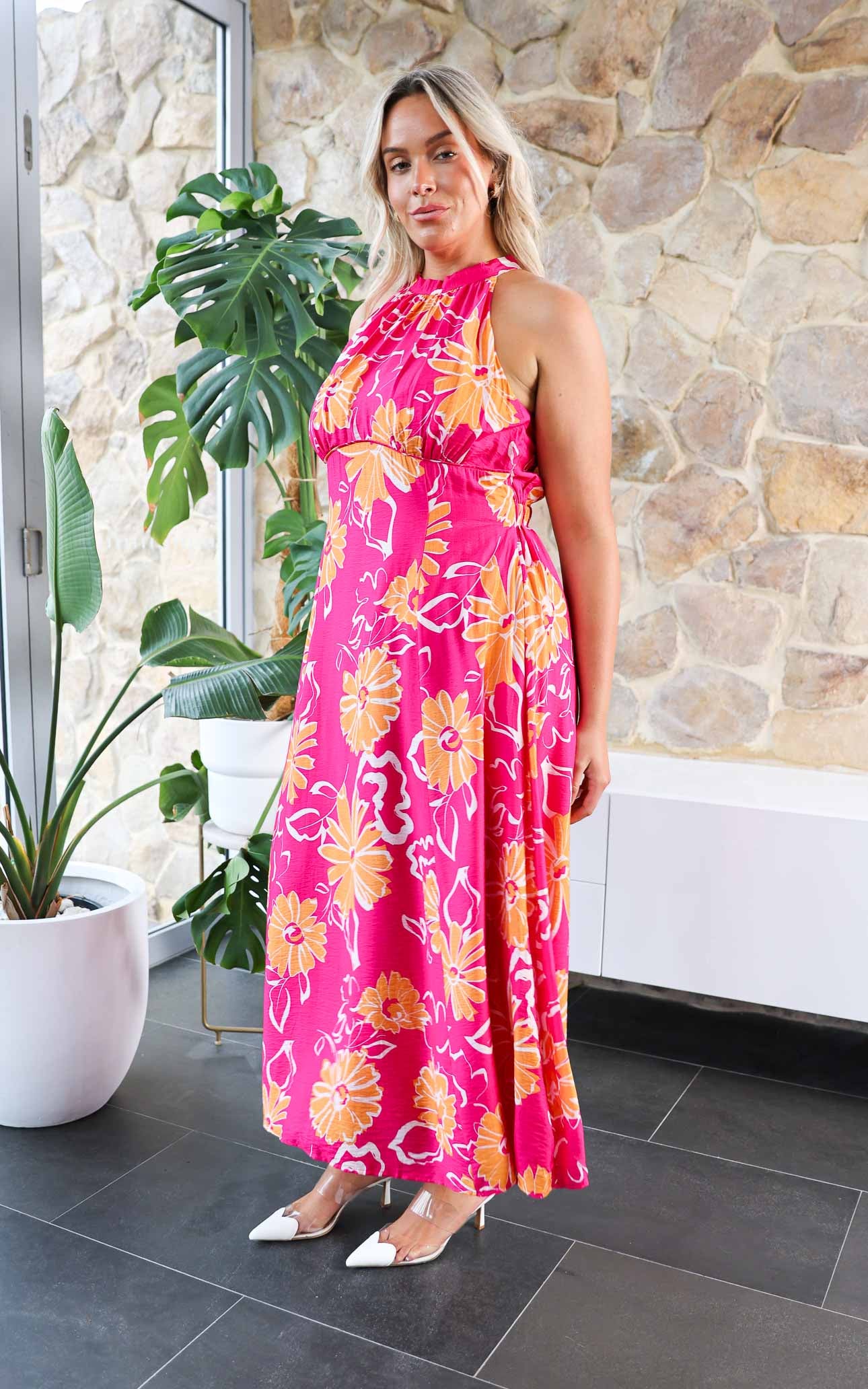 Zariko Maxi Dress - Hot Pink Orange Floral