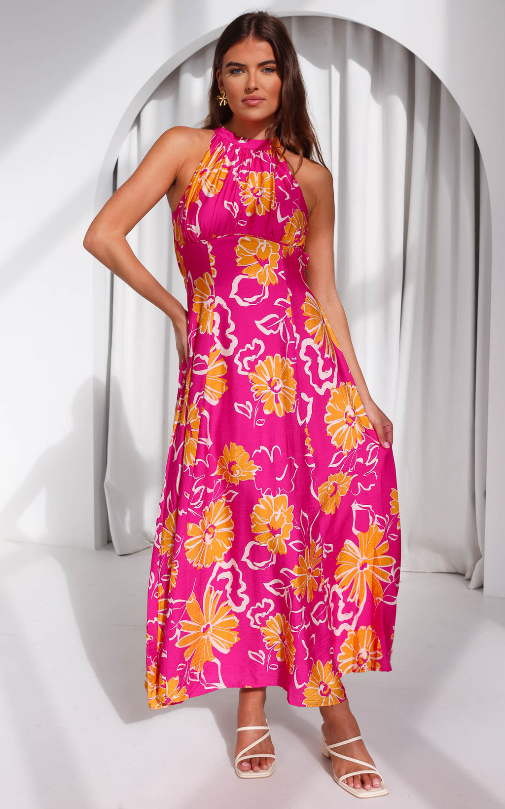 Zariko Maxi Dress - Hot Pink Orange Floral