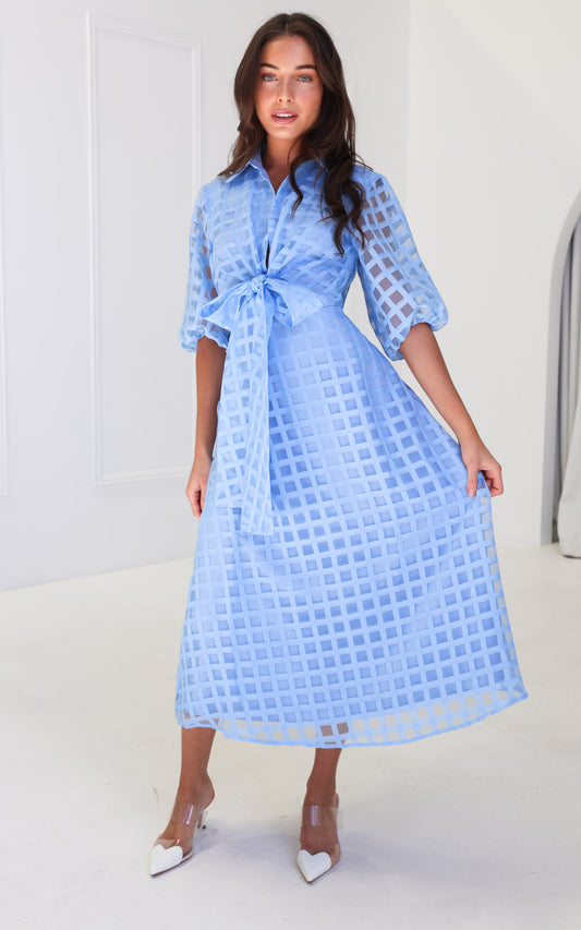 Zoeva Maxi Dress - Light Blue Check Organza