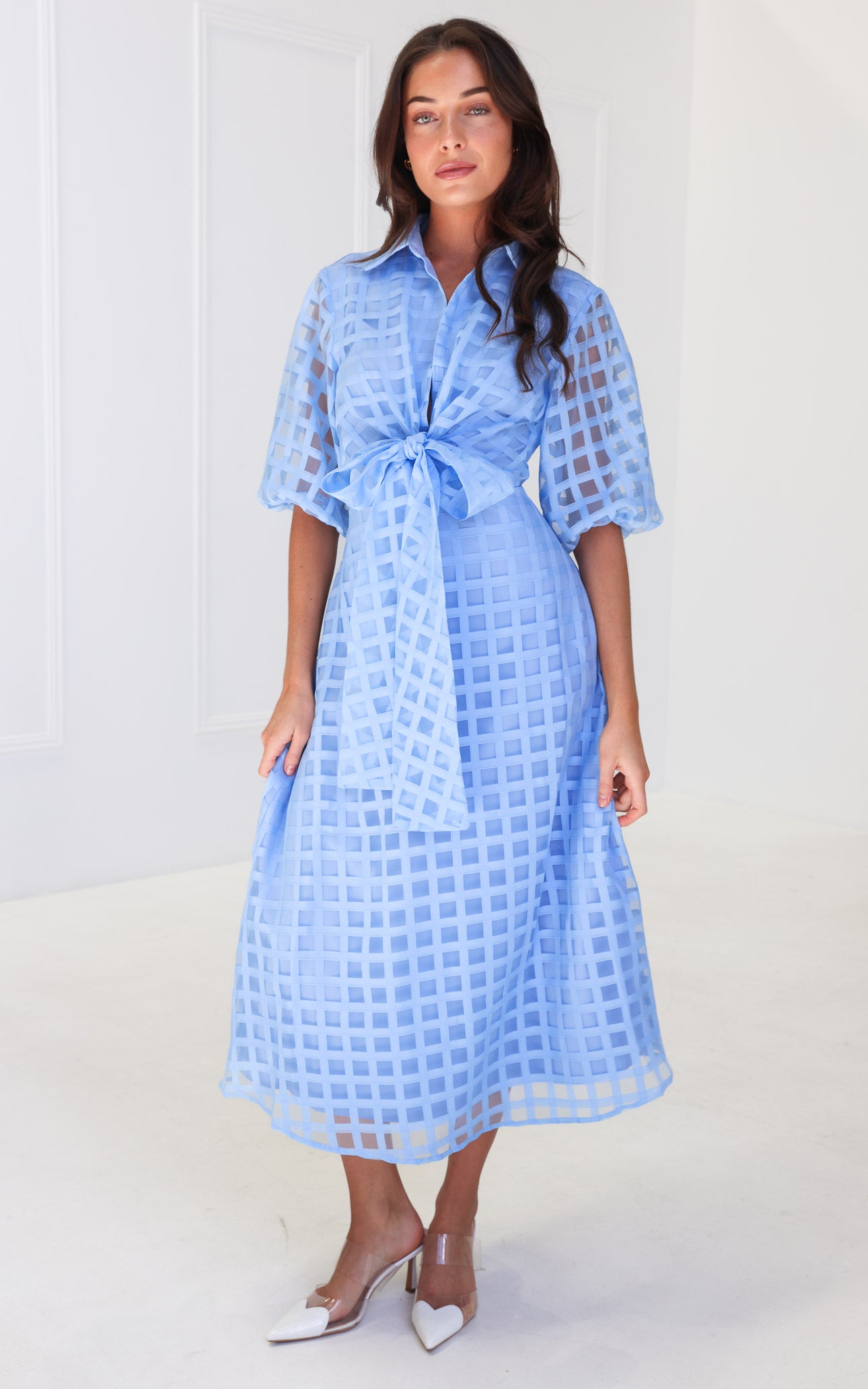 Zoeva Maxi Dress - Light Blue Check Organza