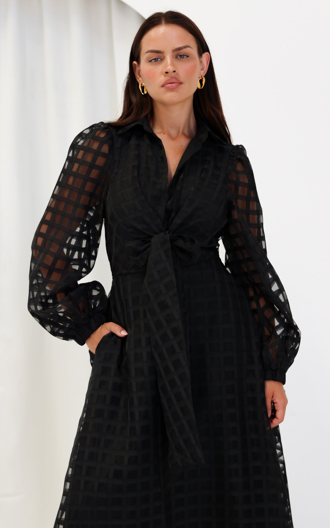 Zoeva Long Sleeve Maxi Dress - Black Check Organza