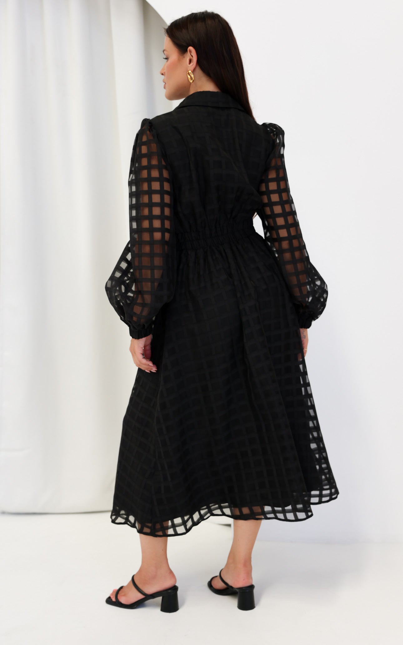 Zoeva Long Sleeve Maxi Dress - Black Check Organza