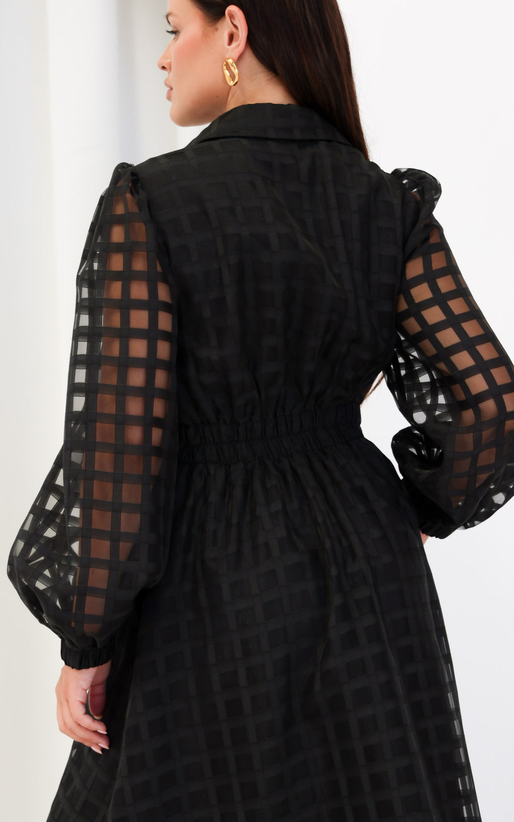 Zoeva Long Sleeve Maxi Dress - Black Check Organza