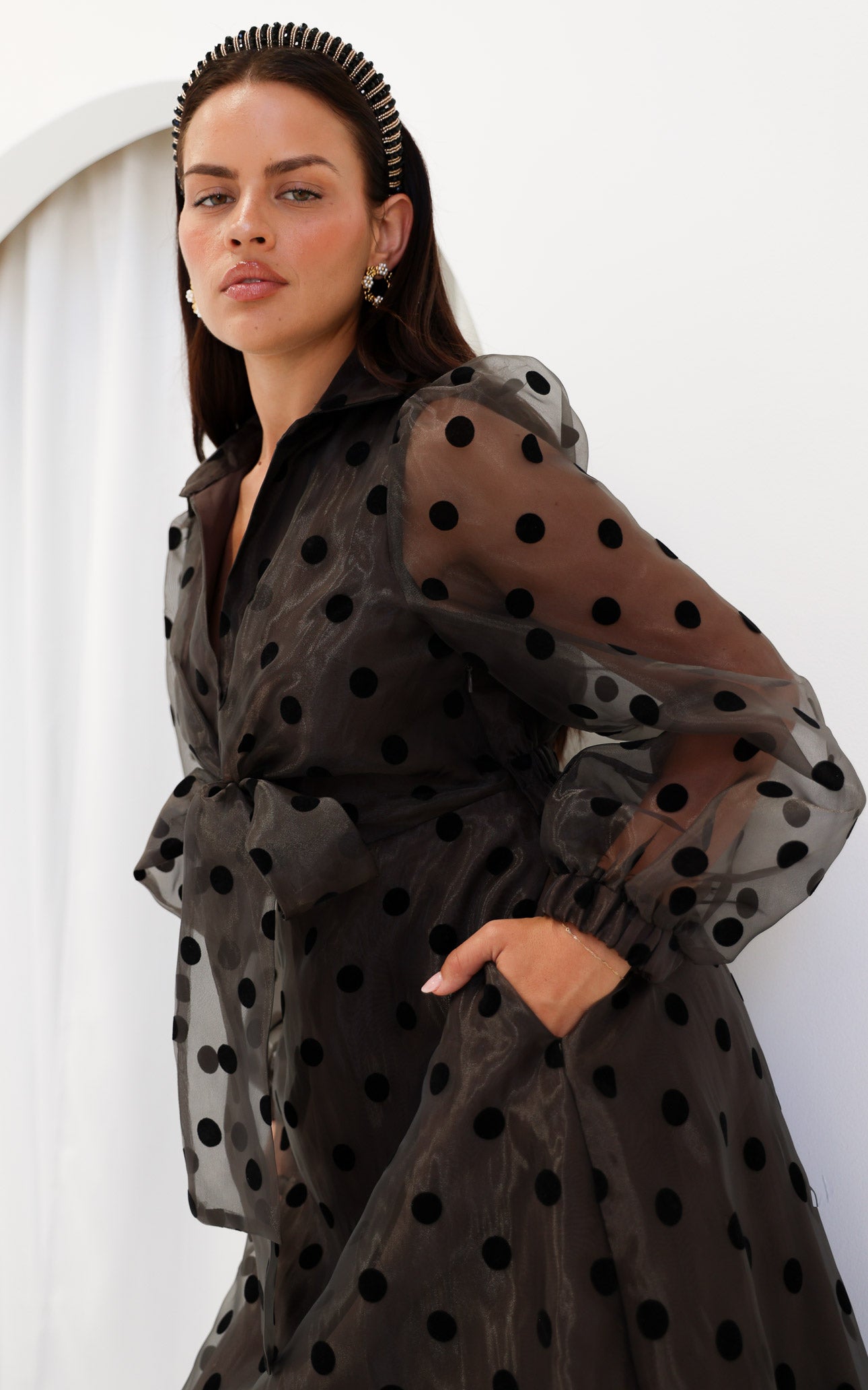 Zoeva Long Sleeve Maxi Dress - Dark Brown Polka Dot