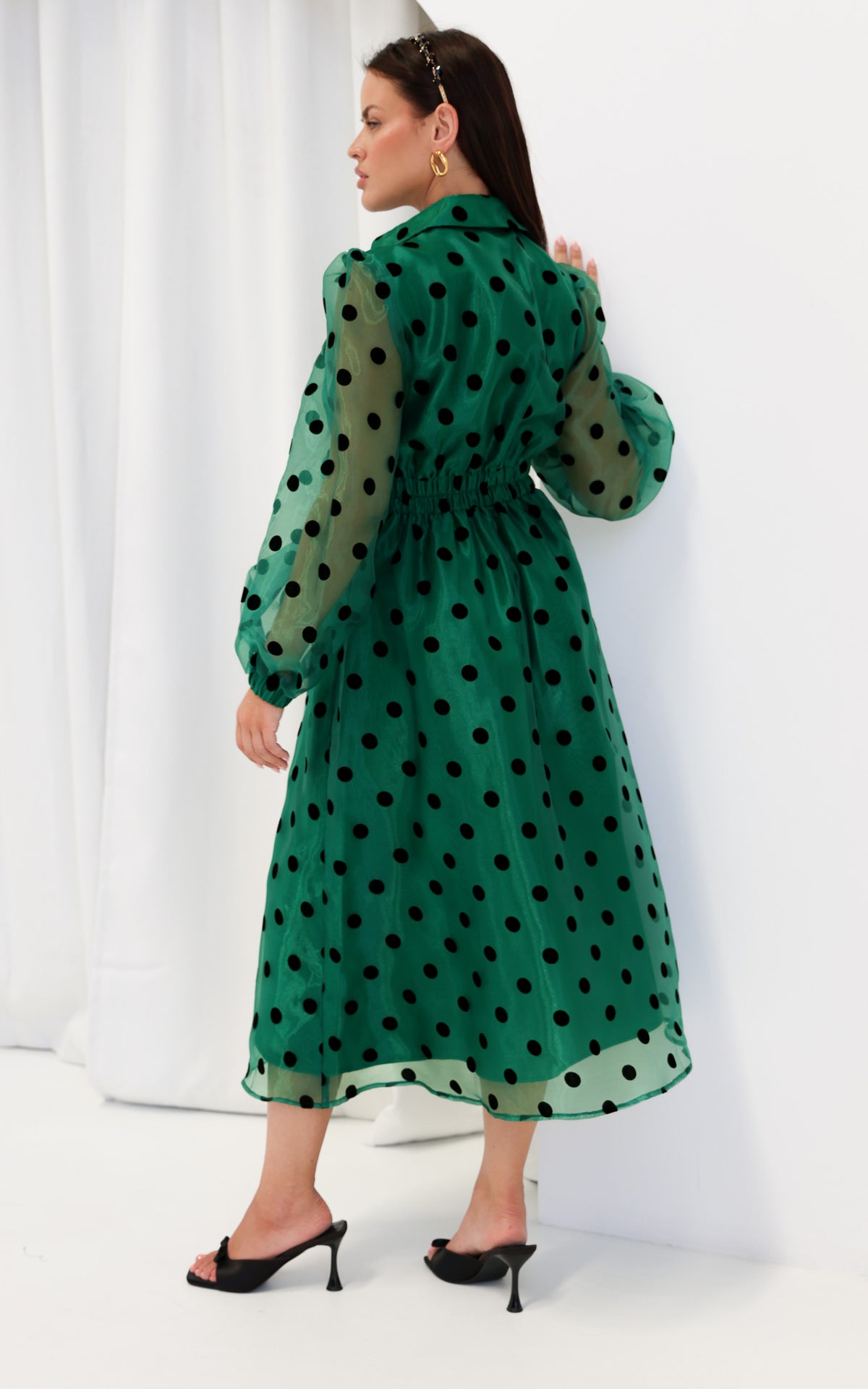 Zoeva Long Sleeve Maxi Dress - Emerald Green Polka Dot