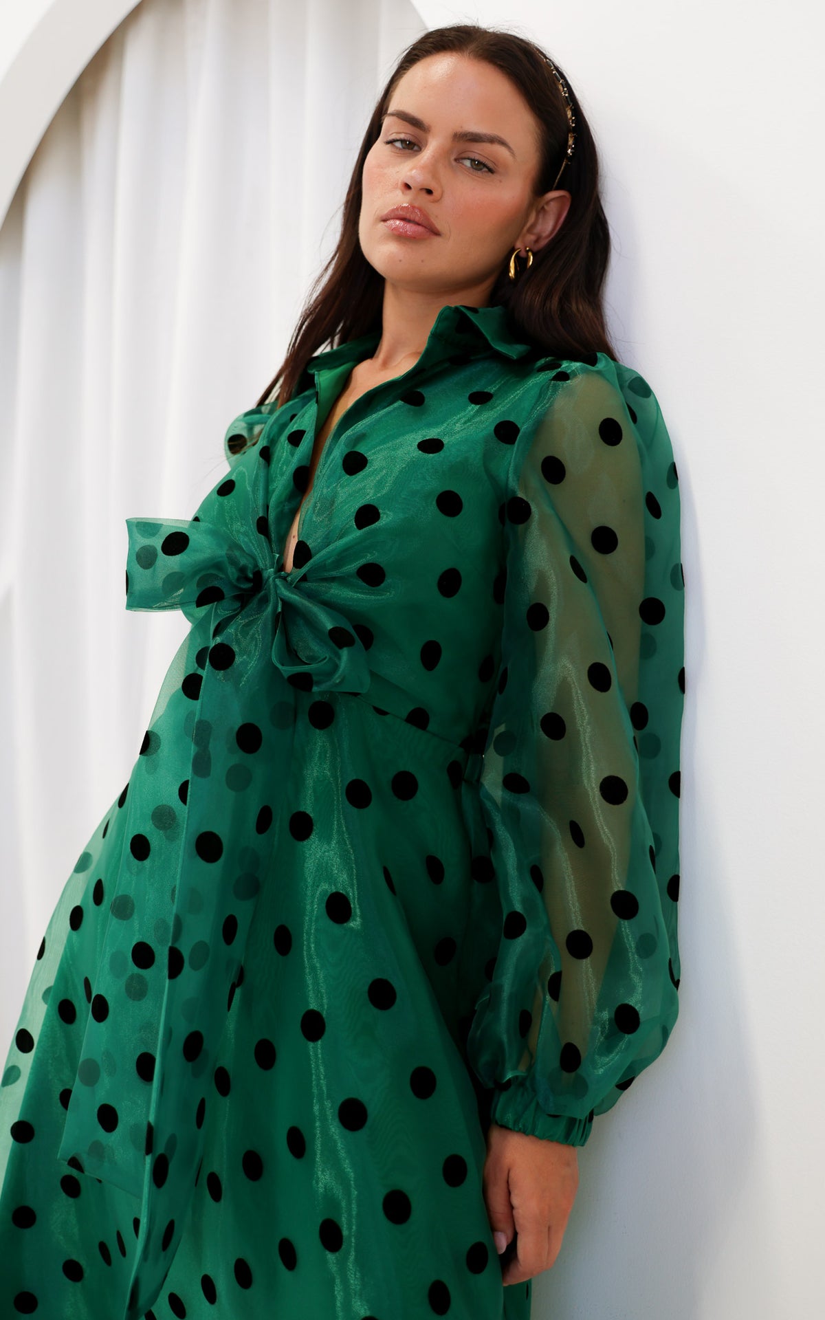 Zoeva Long Sleeve Maxi Dress - Emerald Green Polka Dot