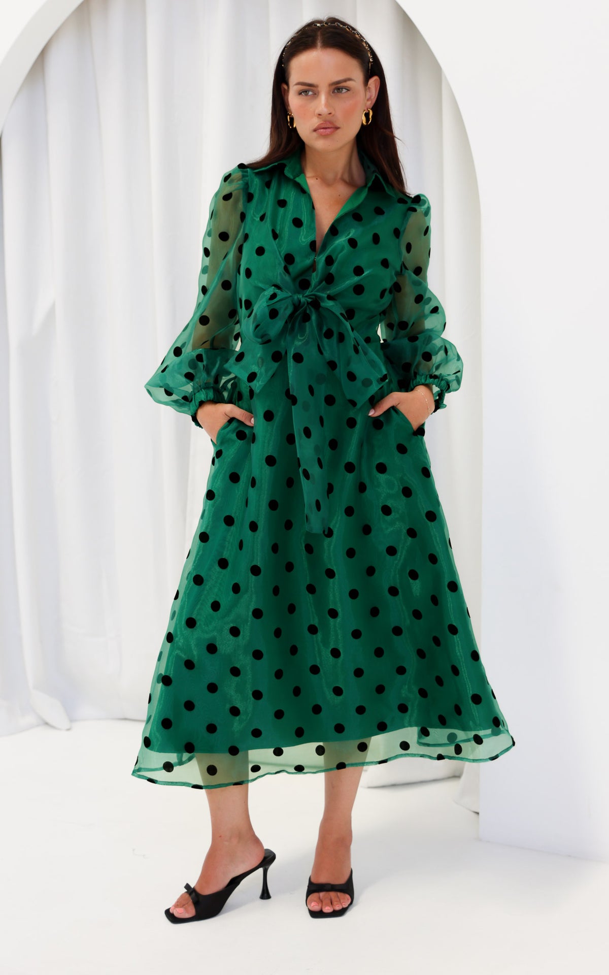 Zoeva Long Sleeve Maxi Dress - Emerald Green Polka Dot