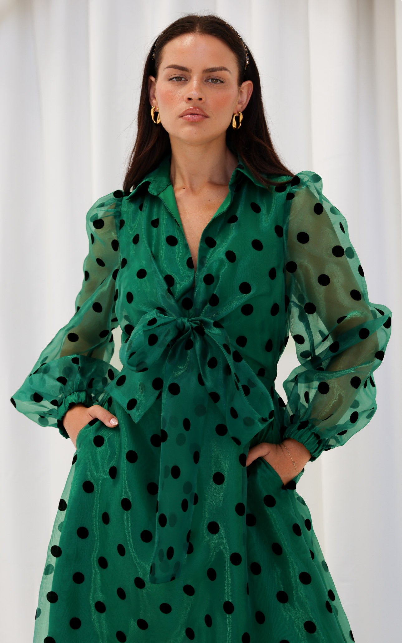 Zoeva Long Sleeve Maxi Dress - Emerald Green Polka Dot