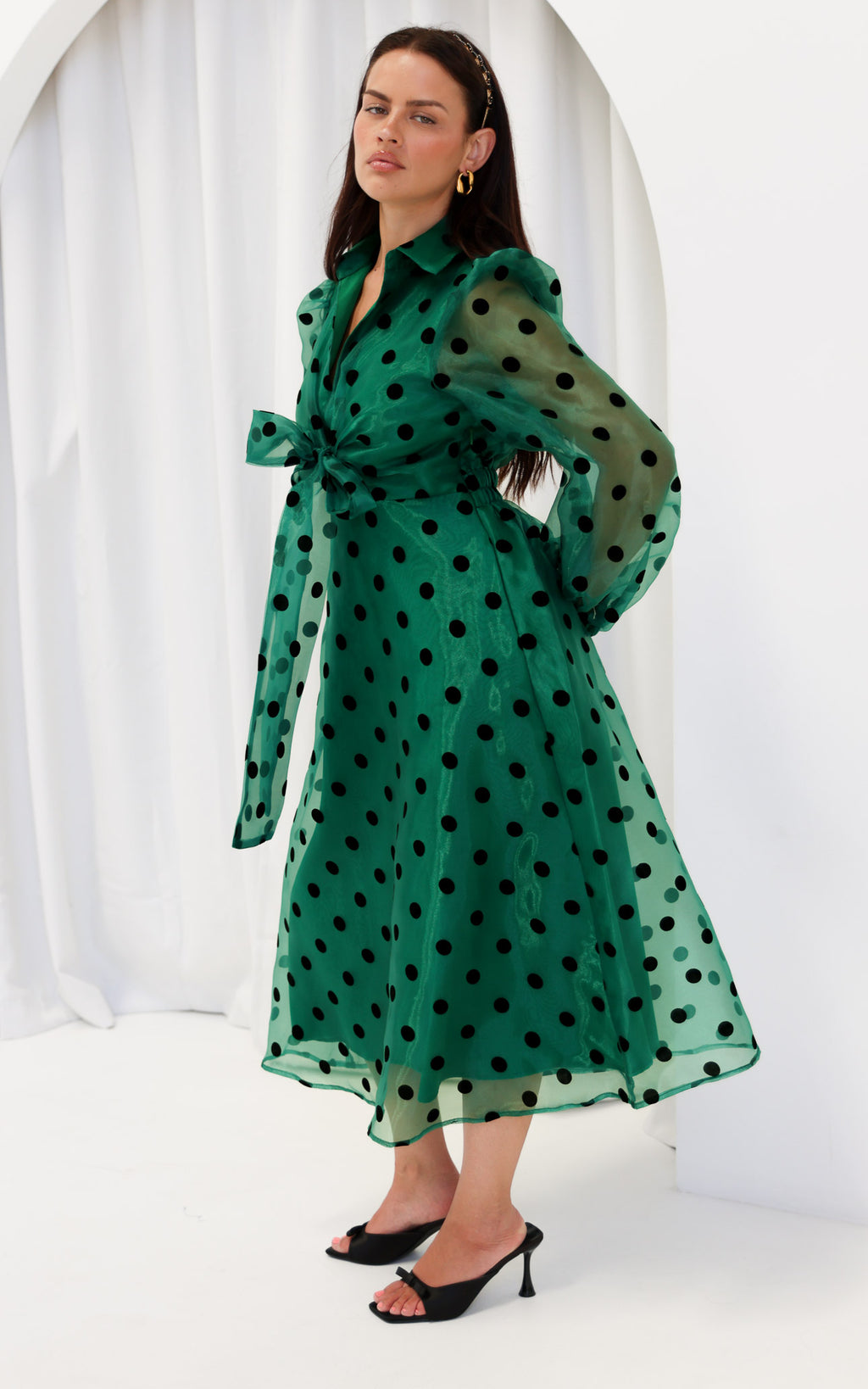 Zoeva Long Sleeve Maxi Dress - Emerald Green Polka Dot
