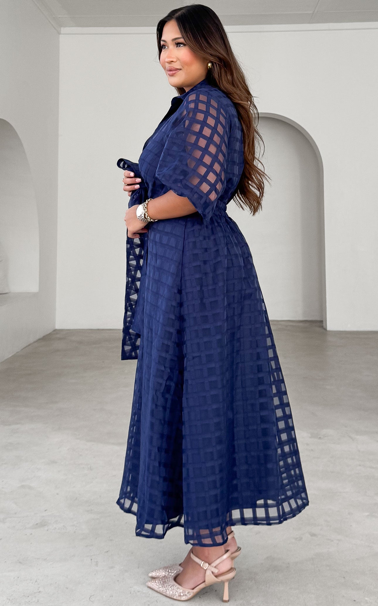 Zoeva Maxi Dress - Navy Check Organza